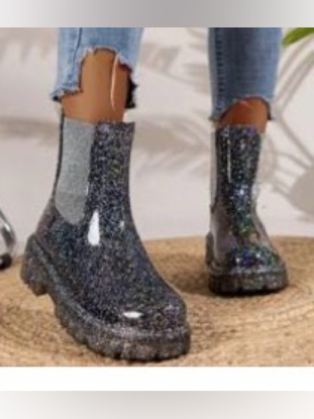 Glitter Chunky rain  Boots - Black Sparkle